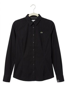 Lacoste Black Long-Sleeve Button-Down Shirt with Green Logo